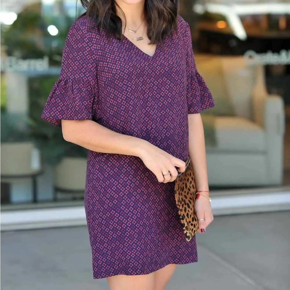 Madewell Size 2‎ Silk Lined Blue Pink Clover Floral V Neck Bell Sleeves Dress